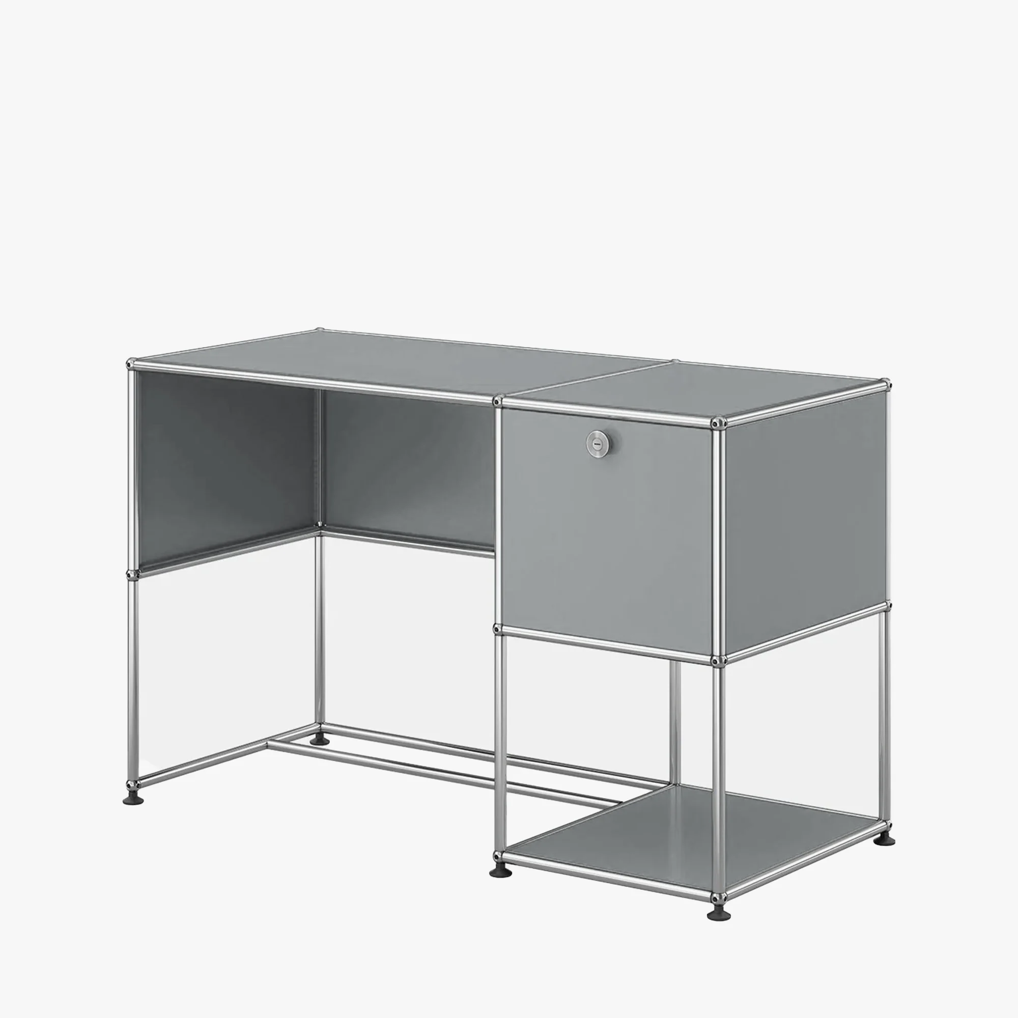 Arvhi A1 Desk Unit in Matte Silver with an add-on cabinet module